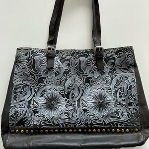 Firenza Bella Black and Gray Floral Tote Studded Handbag